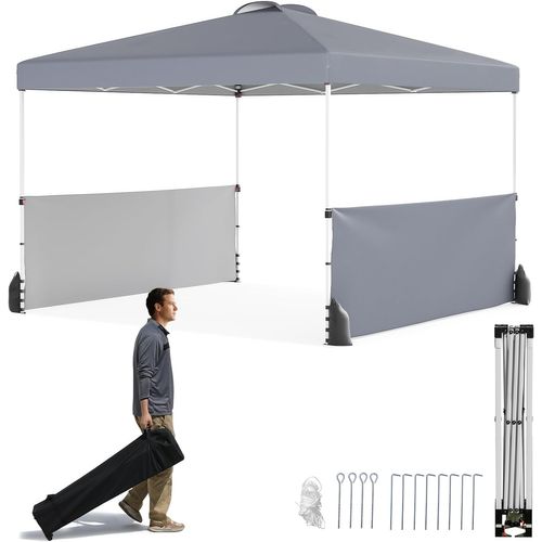 Tonnelle De Pliable 3x3m Avec 2 Demi-murs Latéraux, 8 Piquets 4 Ancrages, Cordes et Sacs, Gris