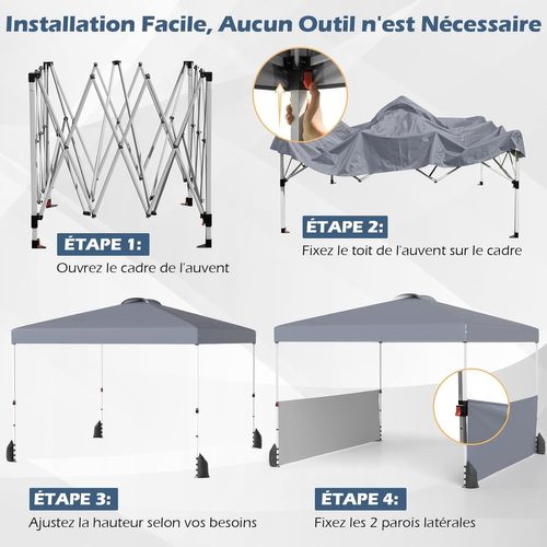 Tonnelle De Pliable 3x3m Avec 2 Demi-murs Latéraux, 8 Piquets 4 Ancrages, Cordes et Sacs, Gris