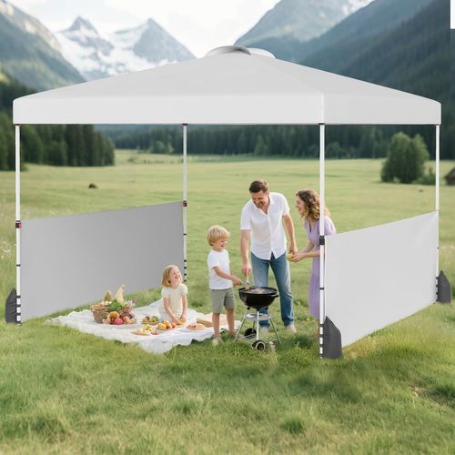 Tonnelle De Pliable 3x3m Avec 2 Demi-murs Latéraux, 8 Piquets 4 Ancrages, Cordes, Blanc