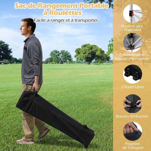 Tonnelle De Pliable 3x3m Avec 2 Demi-murs Latéraux, 8 Piquets 4 Ancrages, Cordes, Blanc