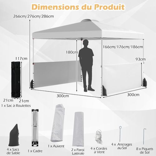 Tonnelle De Pliable 3x3m Avec 2 Demi-murs Latéraux, 8 Piquets 4 Ancrages, Cordes, Blanc