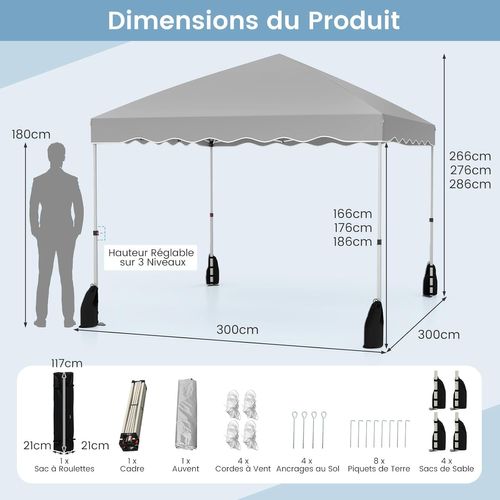 Tonnelle De Jardin Pliable 3x3m, Tente De Extérieur Portable Avec Sac à Roulettes (gris)
