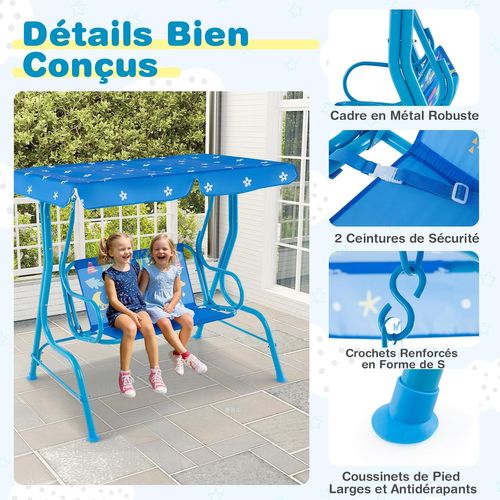 Balancelle De Jardin Enfant Avec Auvent et Ceintures De Sécurité, 112x76,5x111 Cm, Bleu-dinosaure