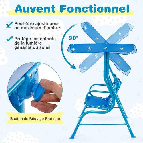 Balancelle De Jardin Enfant Avec Auvent et Ceintures De Sécurité, 112x76,5x111 Cm, Bleu-dinosaure
