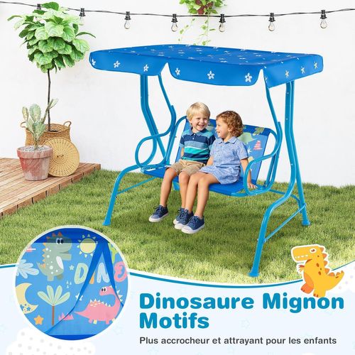 Balancelle De Jardin Enfant Avec Auvent et Ceintures De Sécurité, 112x76,5x111 Cm, Bleu-dinosaure