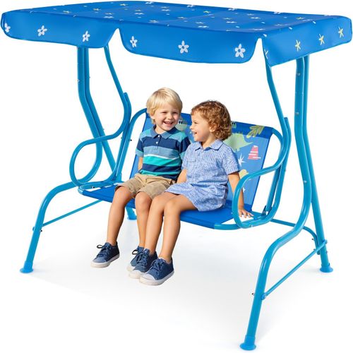 Balancelle De Jardin Enfant Avec Auvent et Ceintures De Sécurité, 112x76,5x111 Cm, Bleu-dinosaure