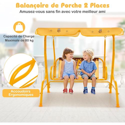 Balancelle De Jardin Enfant Avec Auvent et Ceintures De Sécurité, 112x76,5x111 Cm, Jaune-ours