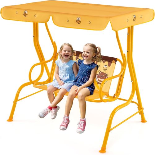 Balancelle De Jardin Enfant Avec Auvent et Ceintures De Sécurité, 112x76,5x111 Cm, Jaune-ours