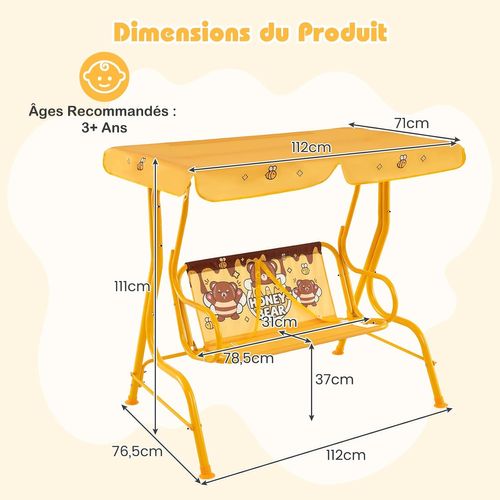 Balancelle De Jardin Enfant Avec Auvent et Ceintures De Sécurité, 112x76,5x111 Cm, Jaune-ours