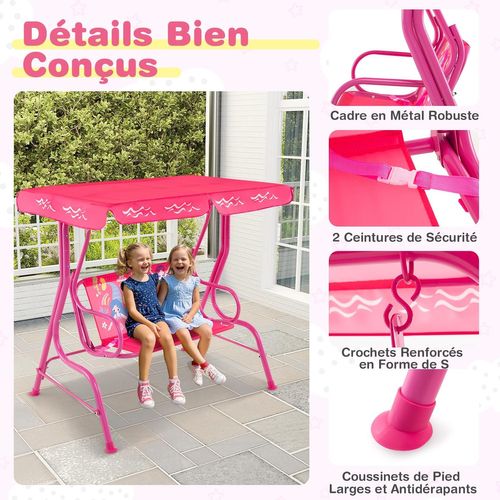 Balancelle De Jardin Enfant Avec Auvent et Ceintures De Sécurité, 112x76,5x111 Cm, Rose-sirène