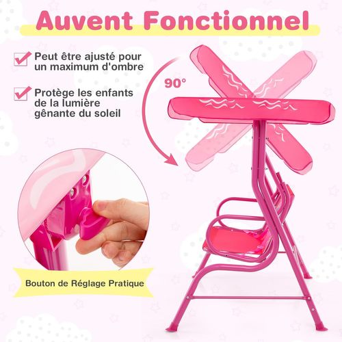 Balancelle De Jardin Enfant Avec Auvent et Ceintures De Sécurité, 112x76,5x111 Cm, Rose-sirène