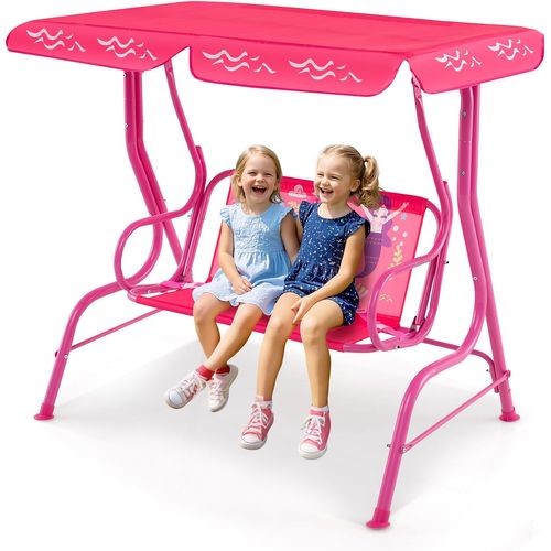 Balancelle De Jardin Enfant Avec Auvent et Ceintures De Sécurité, 112x76,5x111 Cm, Rose-sirène