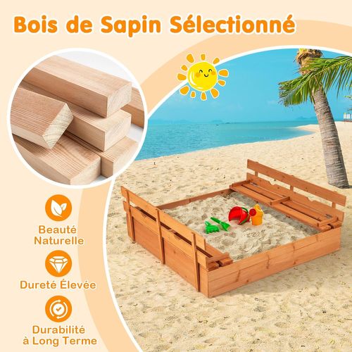 Bac à Sable En Bois Enfant Avec 2 Bancs Convertibles, Bac à Sable Extérieur ,18 Mois+