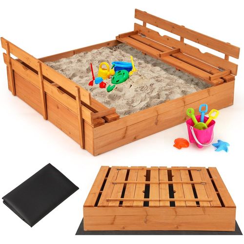 Bac à Sable En Bois Enfant Avec 2 Bancs Convertibles, Bac à Sable Extérieur ,18 Mois+