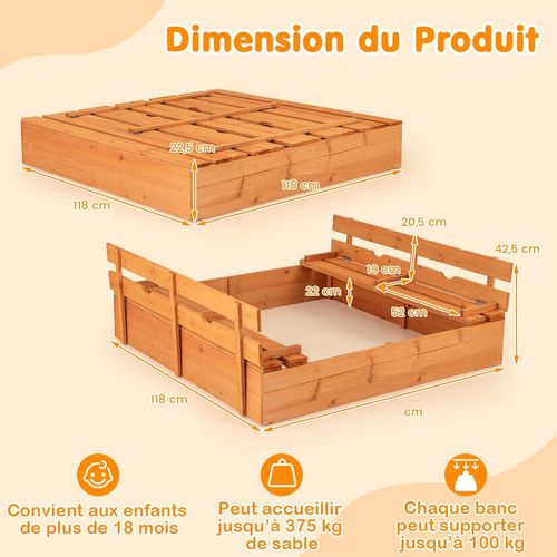 Bac à Sable En Bois Enfant Avec 2 Bancs Convertibles, Bac à Sable Extérieur ,18 Mois+