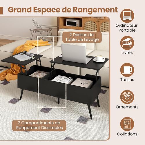 Table Basse Relevable Salon Avec 2 Compartiments Cachés, 111 X 48 X 40-53,5 Cm (noir)