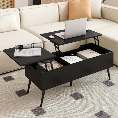 Table Basse Relevable Salon Avec 2 Compartiments Cachés, 111 X 48 X 40-53,5 Cm (noir)