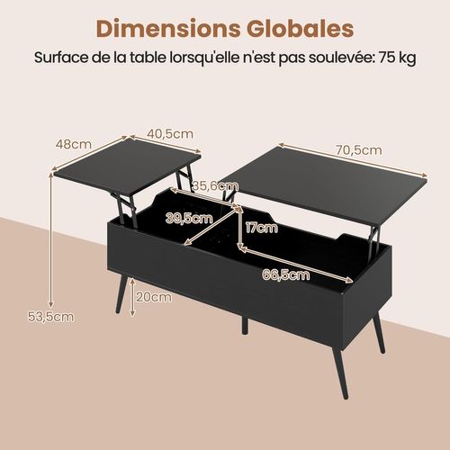 Table Basse Relevable Salon Avec 2 Compartiments Cachés, 111 X 48 X 40-53,5 Cm (noir)