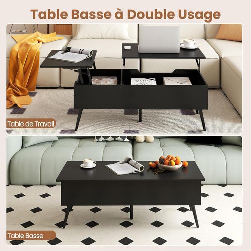 Table Basse Relevable Salon Avec 2 Compartiments Cachés, 111 X 48 X 40-53,5 Cm (noir)
