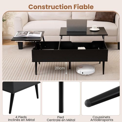 Table Basse Relevable Salon Avec 2 Compartiments Cachés, 111 X 48 X 40-53,5 Cm (noir)