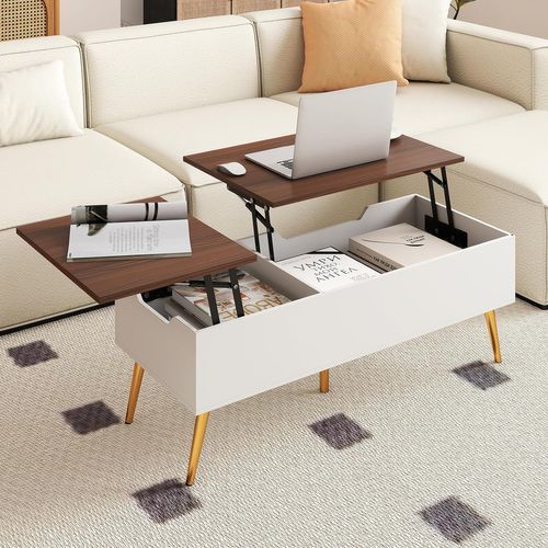 Table Basse Relevable Avec 2 Compartiments Cachés, 111 X 48 X 40-53,5 Cm (blanc)