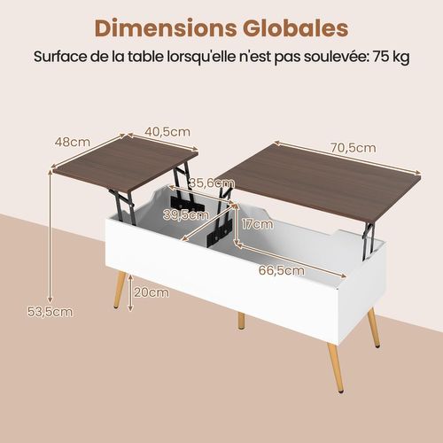 Table Basse Relevable Avec 2 Compartiments Cachés, 111 X 48 X 40-53,5 Cm (blanc)