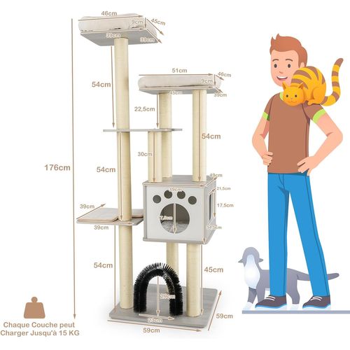 Arbre à Chat XXL En Bois 176 Cm, 4 Poteaux à Griffer En Sisal, 5 Plateformes, 59×59×176 Cm, Gris