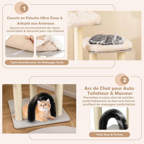 Arbre à Chat XXL En Bois 176 Cm, 4 Poteaux à Griffer En Sisal, 5 Plateformes, 59×59×176 Cm, Gris