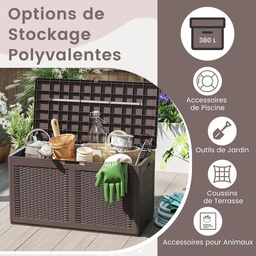 Coffre De Rangement Extérieure 380 L, Étanche à Texture Rotin  ,111 X 56 X 61 Cm,marron