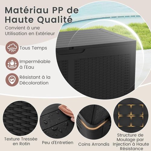 Coffre De Rangement Extérieure 380 L, Étanche à Texture Rotin  ,111 X 56 X 61 Cm ,noir