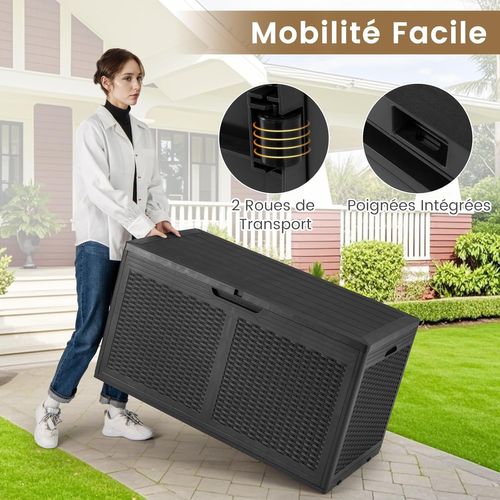 Coffre De Rangement Extérieure 380 L, Étanche à Texture Rotin  ,111 X 56 X 61 Cm ,noir