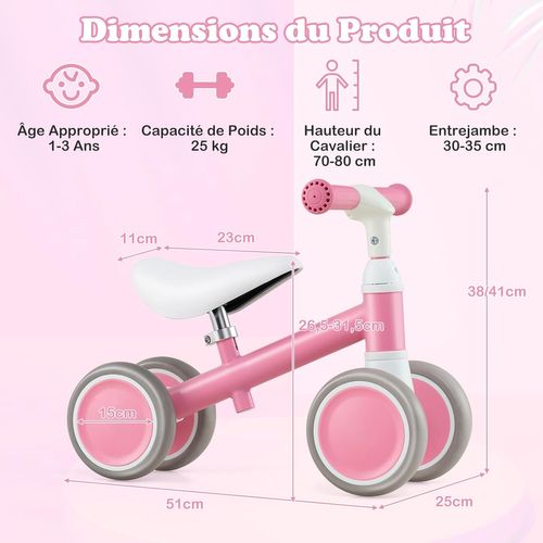 Draisienne Bébé Légère Avec Guidon Et Siège Réglables En Hauteur, 4 Roues En Eva, Charge 25kg