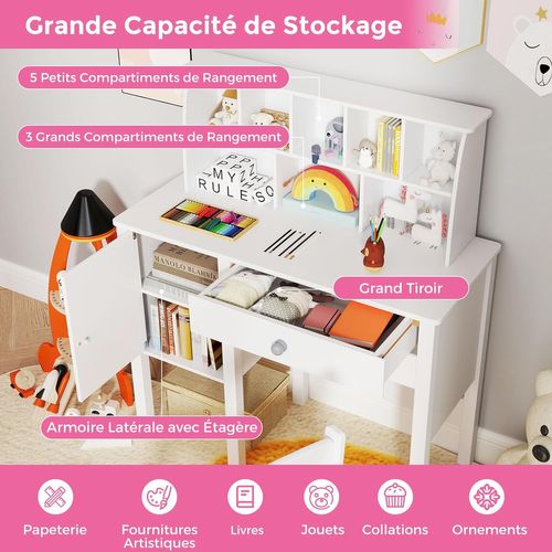 Bureau Avec Chaise et 8 Compartiments, Table Et Chaise Enfant En Bois Avec Tiroir et Cabinet,Blanc