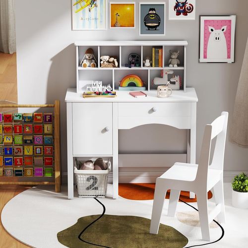 Bureau Avec Chaise et 8 Compartiments, Table Et Chaise Enfant En Bois Avec Tiroir et Cabinet,Blanc
