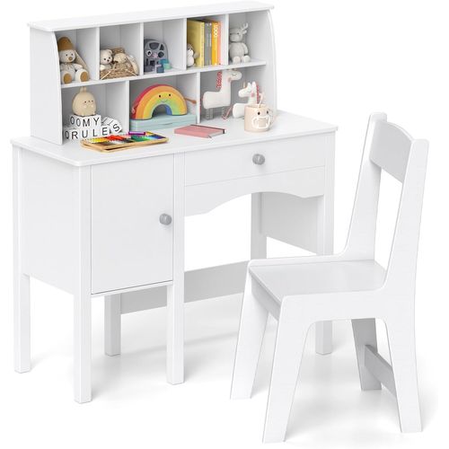 Bureau Avec Chaise et 8 Compartiments, Table Et Chaise Enfant En Bois Avec Tiroir et Cabinet,Blanc