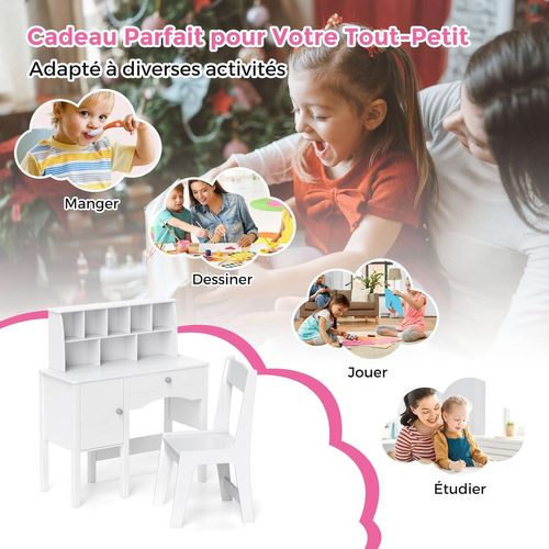 Bureau Avec Chaise et 8 Compartiments, Table Et Chaise Enfant En Bois Avec Tiroir et Cabinet,Blanc