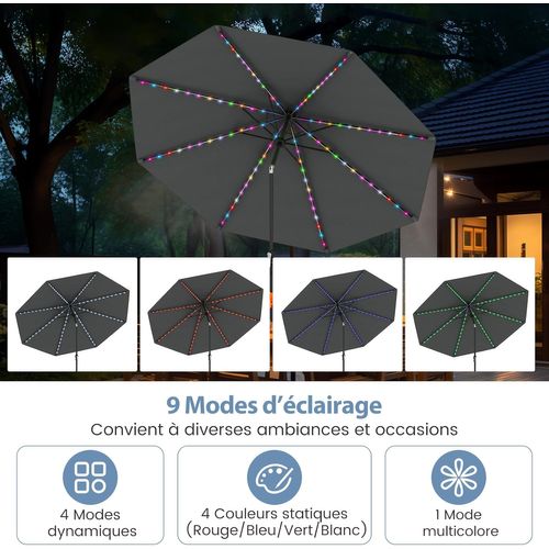 Parasol De Jardin Exterieur 300 Cm, 96 Lumières LED, 35° Inclinaison à Bouton-poussoir (gris)