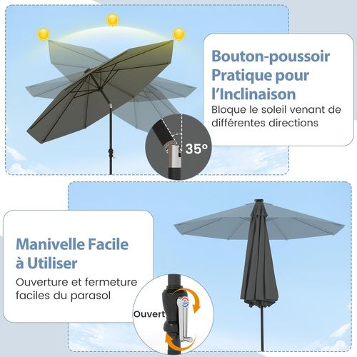 Parasol De Jardin Exterieur 300 Cm, 96 Lumières LED, 35° Inclinaison à Bouton-poussoir (gris)