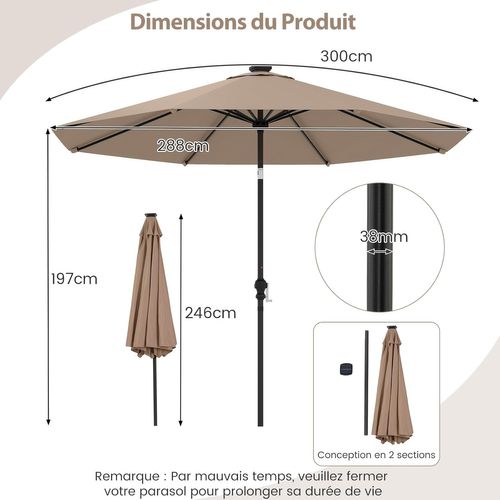Parasol De Jardin Exterieur 300 Cm, 96 Lumières LED, 35° Inclinaison à Bouton-poussoir (brun)