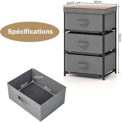 Lot De 2 Commode 3 Tiroirs En Tissu, Commode Chambre Adulte Avec Cadre En Métal,40x30x62cm(gris)