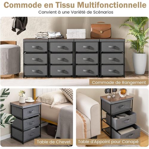 Lot De 2 Commode 3 Tiroirs En Tissu, Commode Chambre Adulte Avec Cadre En Métal,40x30x62cm(gris)