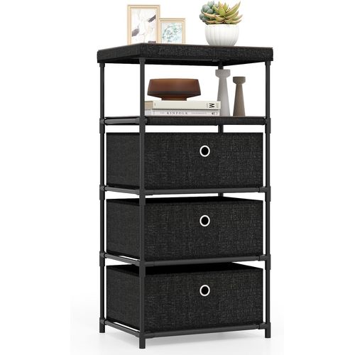 Commode 3 Tiroirs En Tissu,2 Étagères,plateau En Bois,cadre En Métal,commode Chambre(3 Troirs)