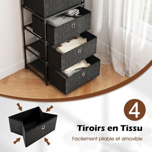Commode 4 Tiroirs En Tissu,2 Étagères,plateau En Bois,cadre En Métal,commode Chambre(4 Tiroirs)