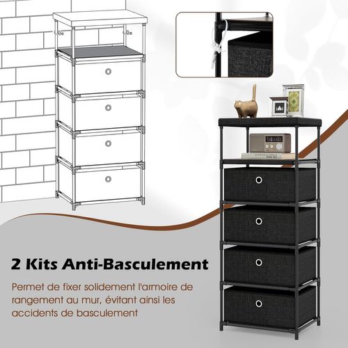 Commode 4 Tiroirs En Tissu,2 Étagères,plateau En Bois,cadre En Métal,commode Chambre(4 Tiroirs)