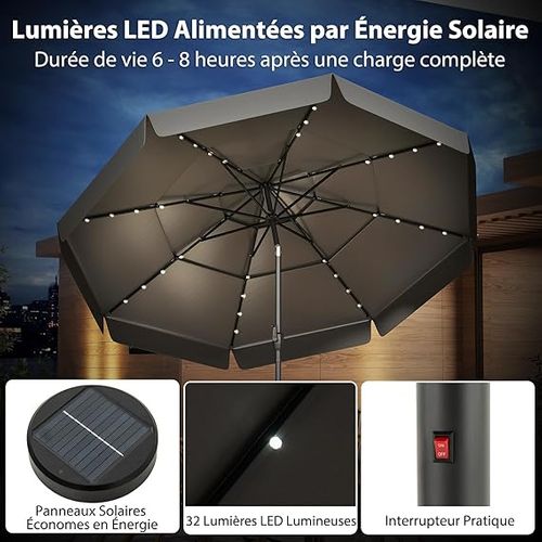 Parasol De Jardin Exterieur Ø300 Cm, 32 Lumières LED, Toit Ventilé à 3 Niveaux, Gris