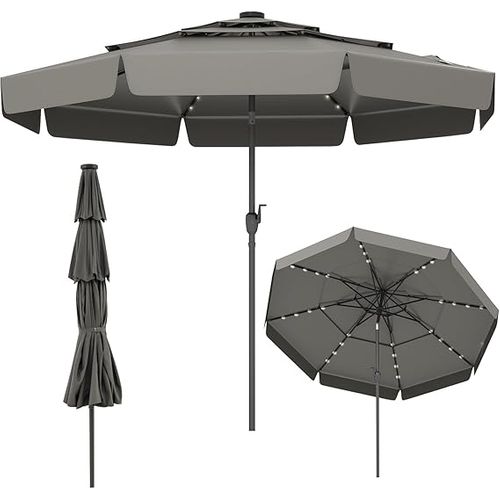 Parasol De Jardin Exterieur Ø300 Cm, 32 Lumières LED, Toit Ventilé à 3 Niveaux, Gris