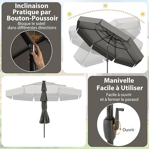 Parasol De Jardin Exterieur Ø300 Cm, 32 Lumières LED, Toit Ventilé à 3 Niveaux, Gris