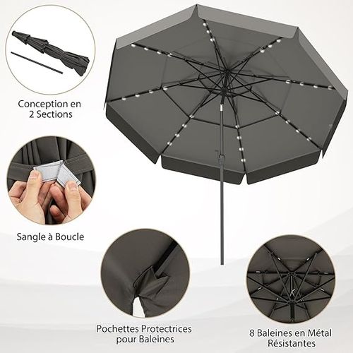 Parasol De Jardin Exterieur Ø300 Cm, 32 Lumières LED, Toit Ventilé à 3 Niveaux, Gris