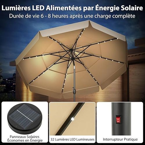 Parasol De Jardin Exterieur Ø300 Cm, 32 Lumières LED, Toit Ventilé à 3 Niveaux, Beige