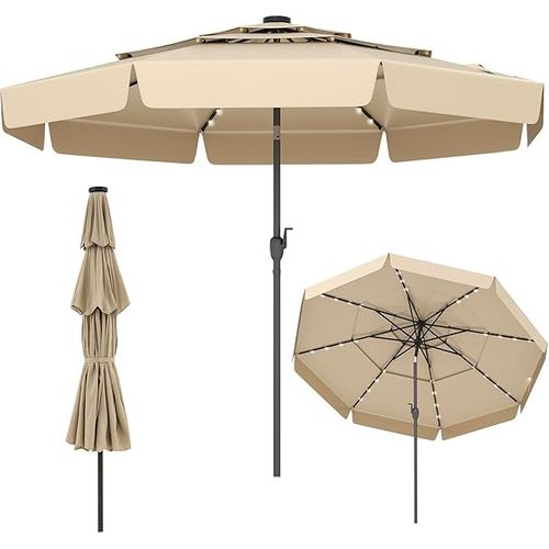 Parasol De Jardin Exterieur Ø300 Cm, 32 Lumières LED, Toit Ventilé à 3 Niveaux, Beige